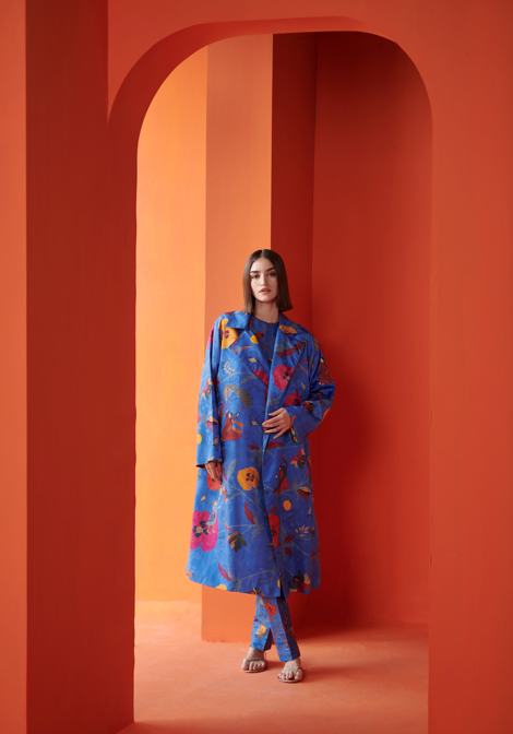 Long Coat Silk Damask Cobalt