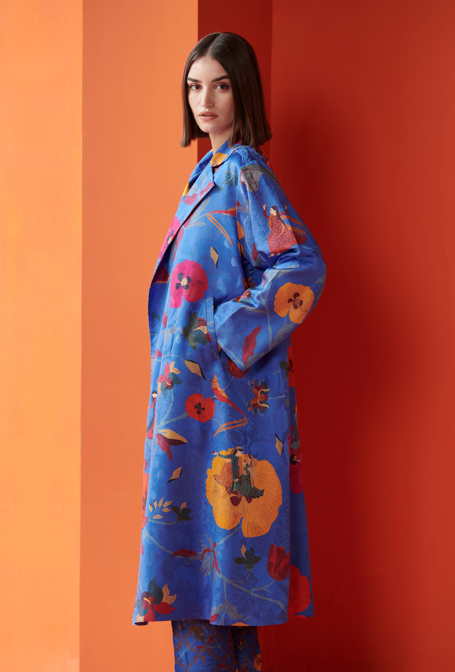 Long Coat Silk Damask Cobalt