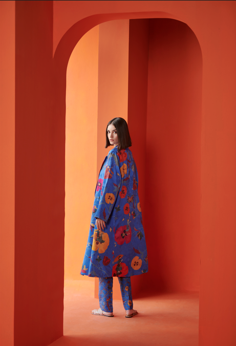 Long Coat Silk Damask Cobalt