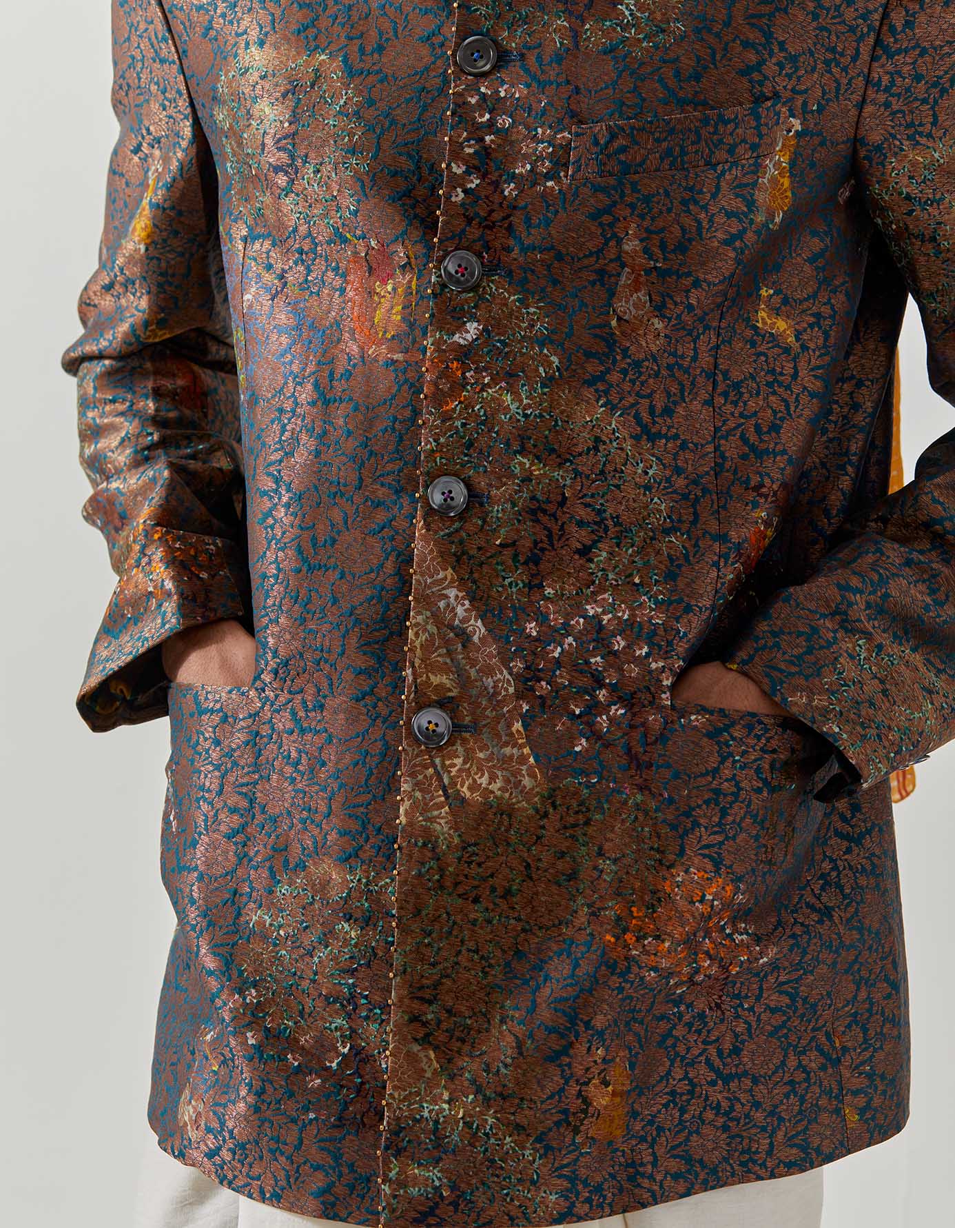 Bandhgala Silk Brocade Teal Golfer