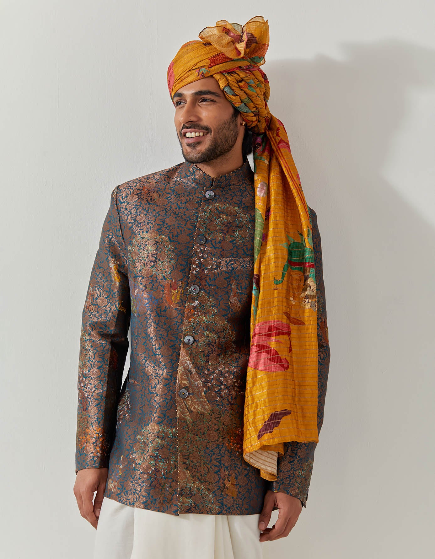 Bandhgala Silk Brocade Teal Golfer