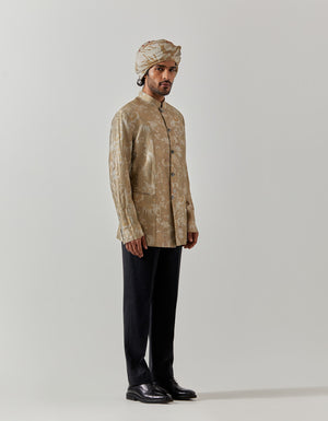 Bandhgala Silk Brocade Oyster Grey Rainforest