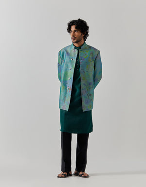Bandhgala Silk Brocade Aqua Fresco