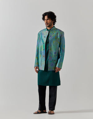 Bandhgala Silk Brocade Aqua Fresco