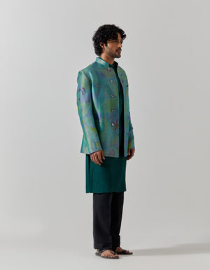 Bandhgala Silk Brocade Aqua Fresco