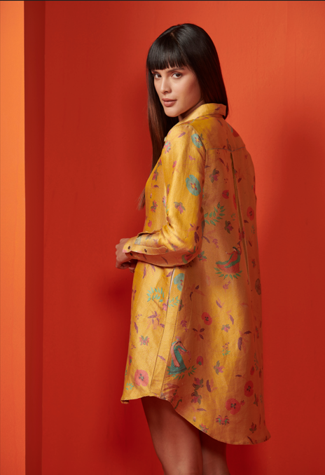 Oversized Shirt Silk Brocade Mustard