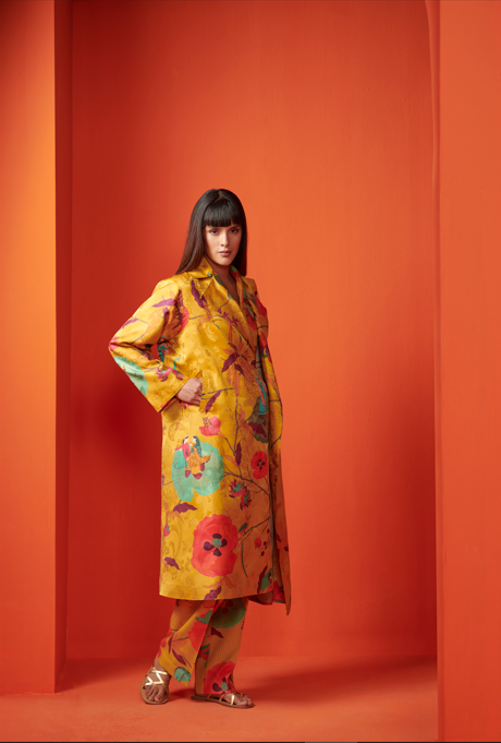 Long Coat Silk Damask Mustard