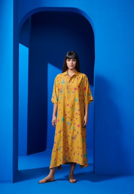 Kasturi Shirt Dress Muga Satin Mustard