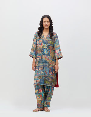 Panchatantra Damini Kurta Teal Muga Satin Silk