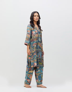 Panchatantra Damini Kurta Teal Muga Satin Silk
