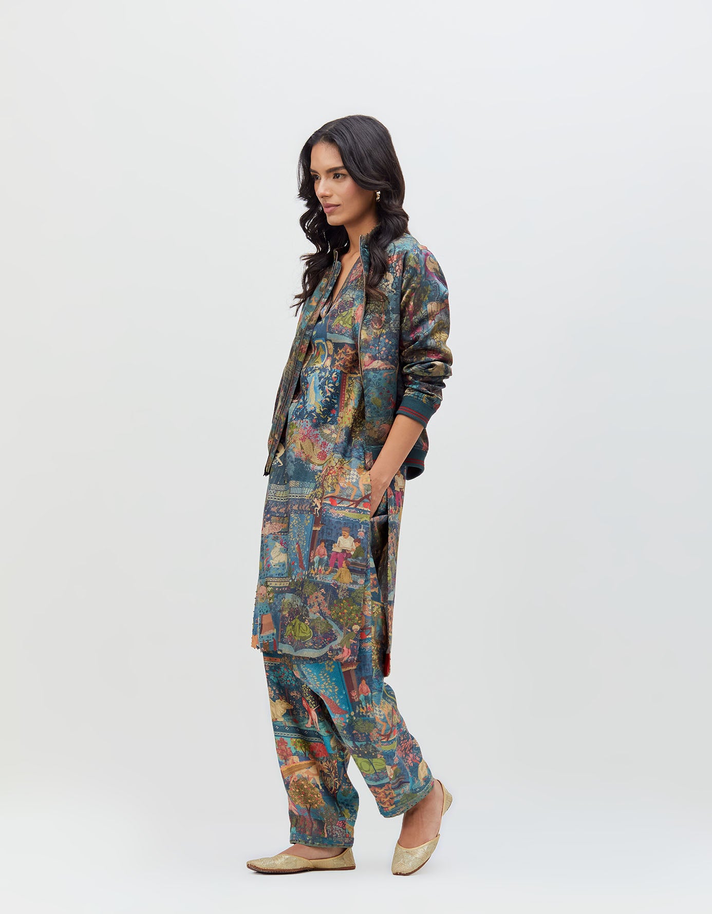 Panchatantra Janbaaz Bomber Jacket Teal Silk Damask