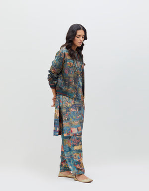 Panchatantra Janbaaz Bomber Jacket Teal Silk Damask