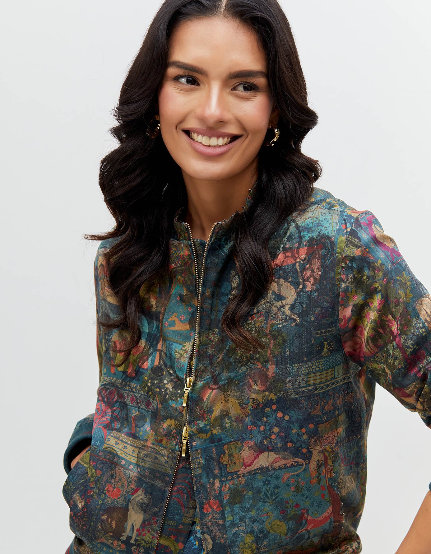 Panchatantra Janbaaz Bomber Jacket Teal Silk Damask
