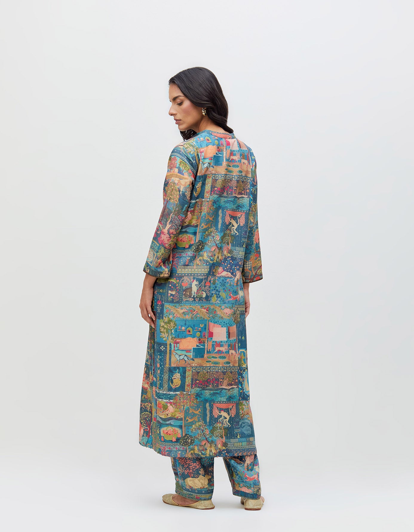 Panchatantra Devi Kurta Teal Muga Satin Silk