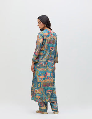 Panchatantra Devi Kurta Teal Muga Satin Silk