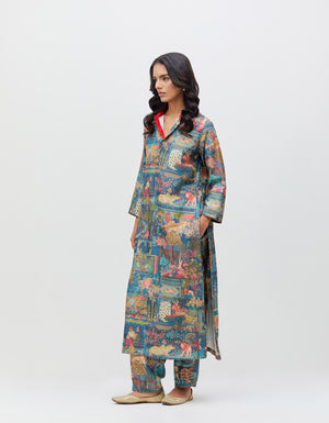 Panchatantra Devi Kurta Teal Muga Satin Silk