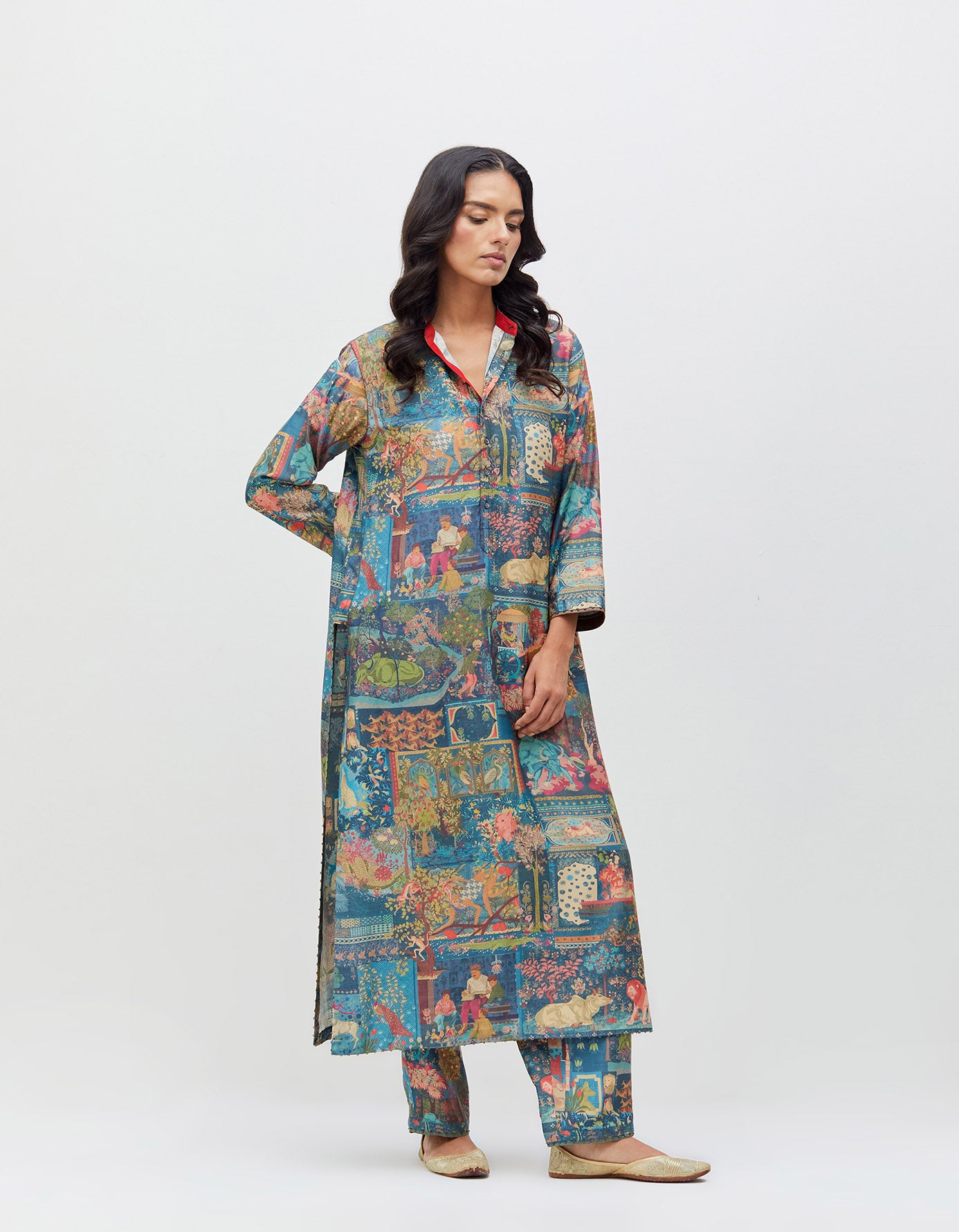 Panchatantra Devi Kurta Teal Muga Satin Silk