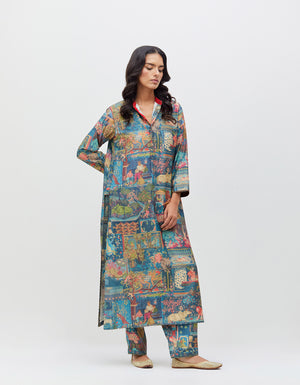 Panchatantra Devi Kurta Teal Muga Satin Silk