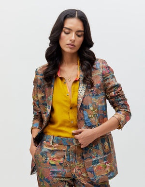 Panchatantra Rana Blazer Teal Silk Brocade