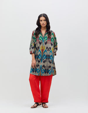 Noor Kurta Silver Peacock Cotton Ikat