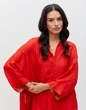 Firoza Kurta Crimson Bloom Silk Check