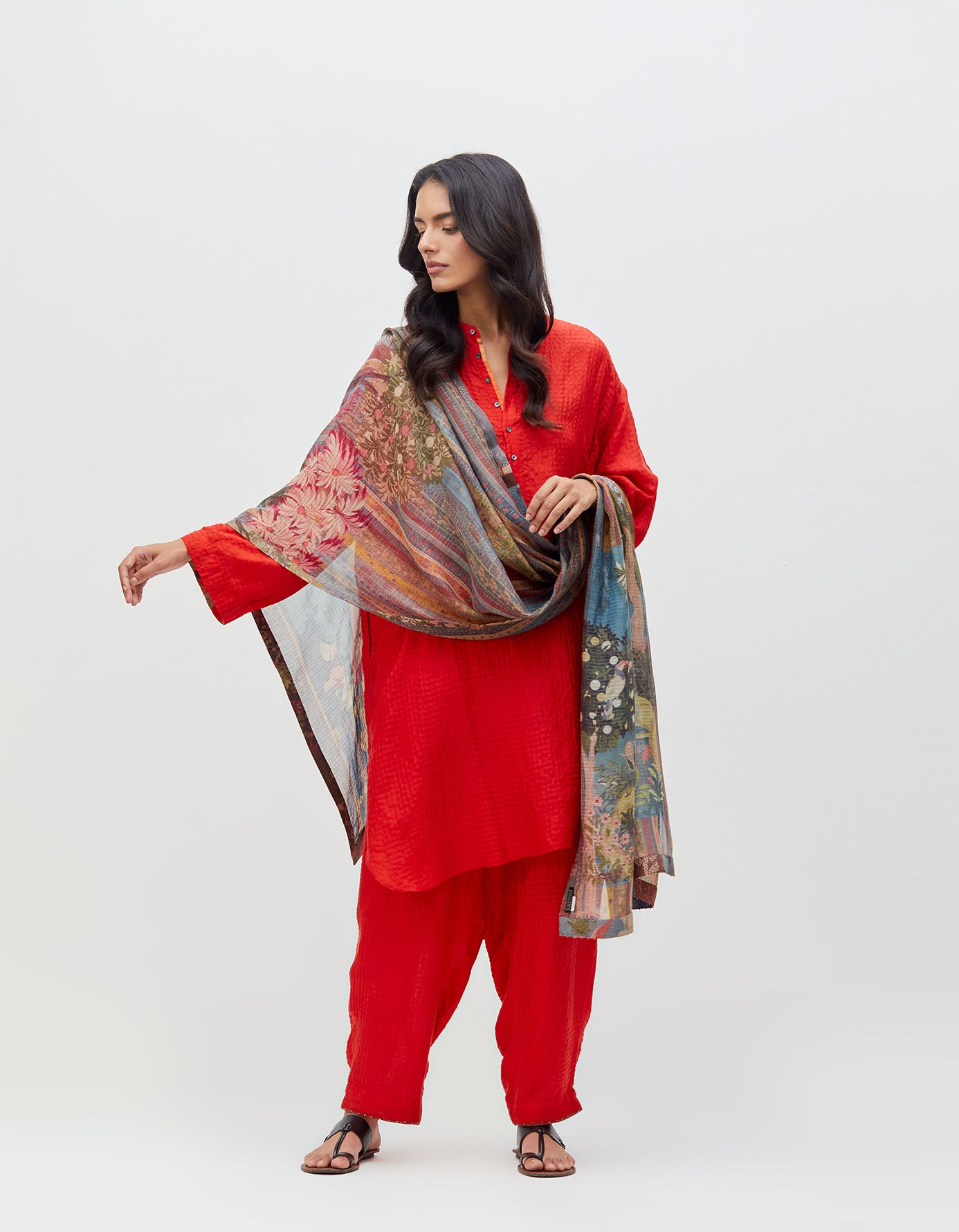 Firoza Kurta Crimson Bloom Silk Check