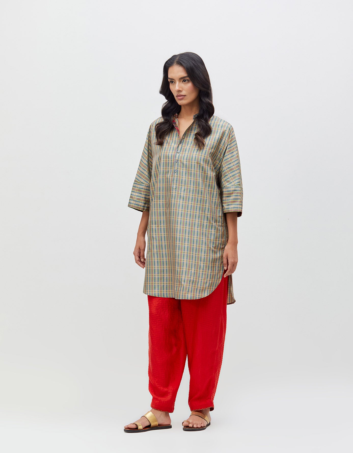 Chandrika Trousers Ash Olive Silk Dupion Check