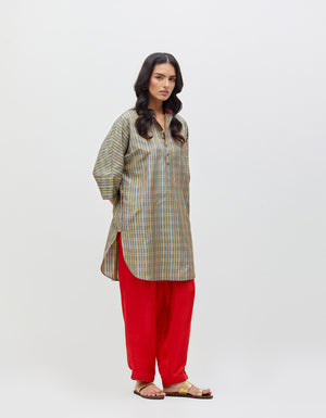 Chandrika Trousers Ash Olive Silk Dupion Check