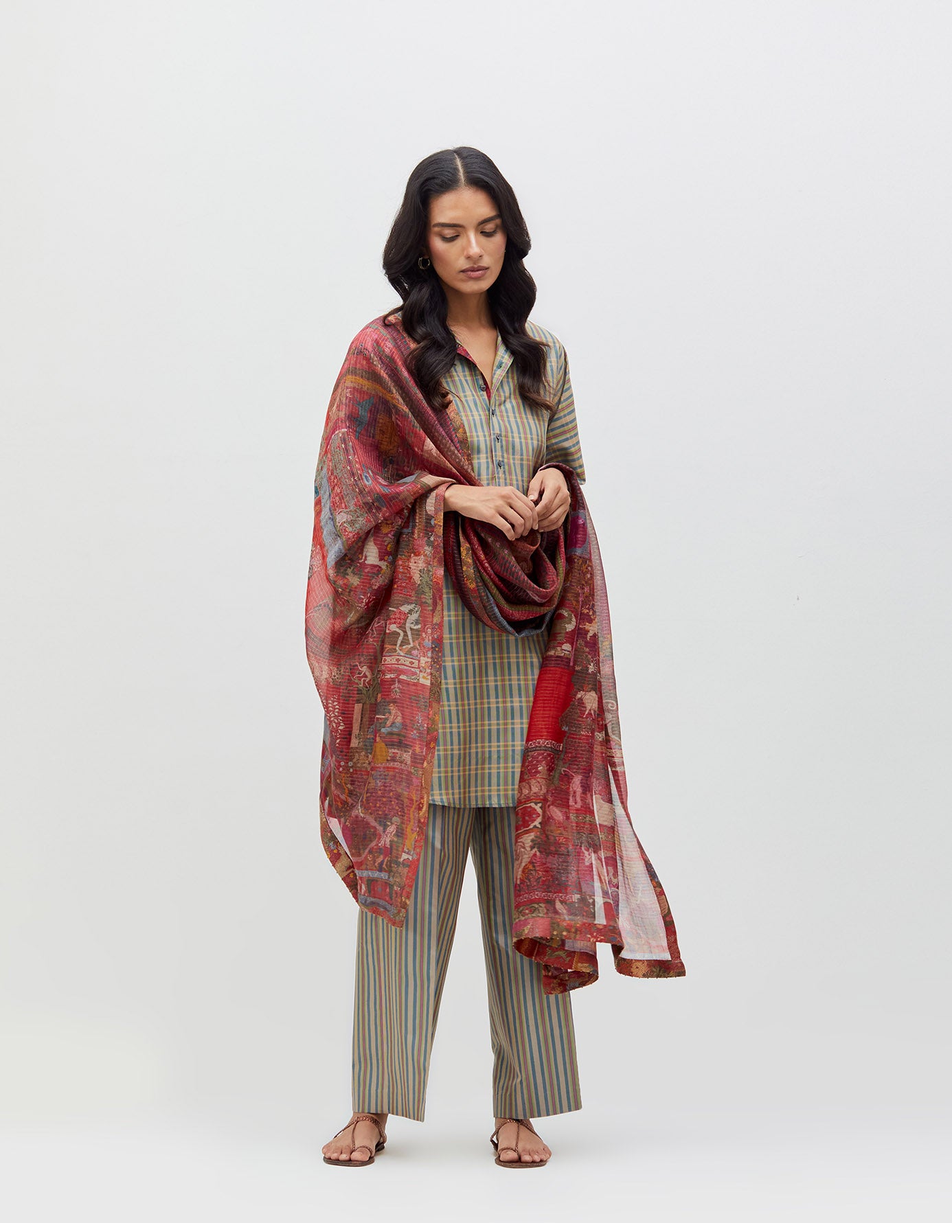 Chandrika Trousers Ash Olive Silk Dupion Check