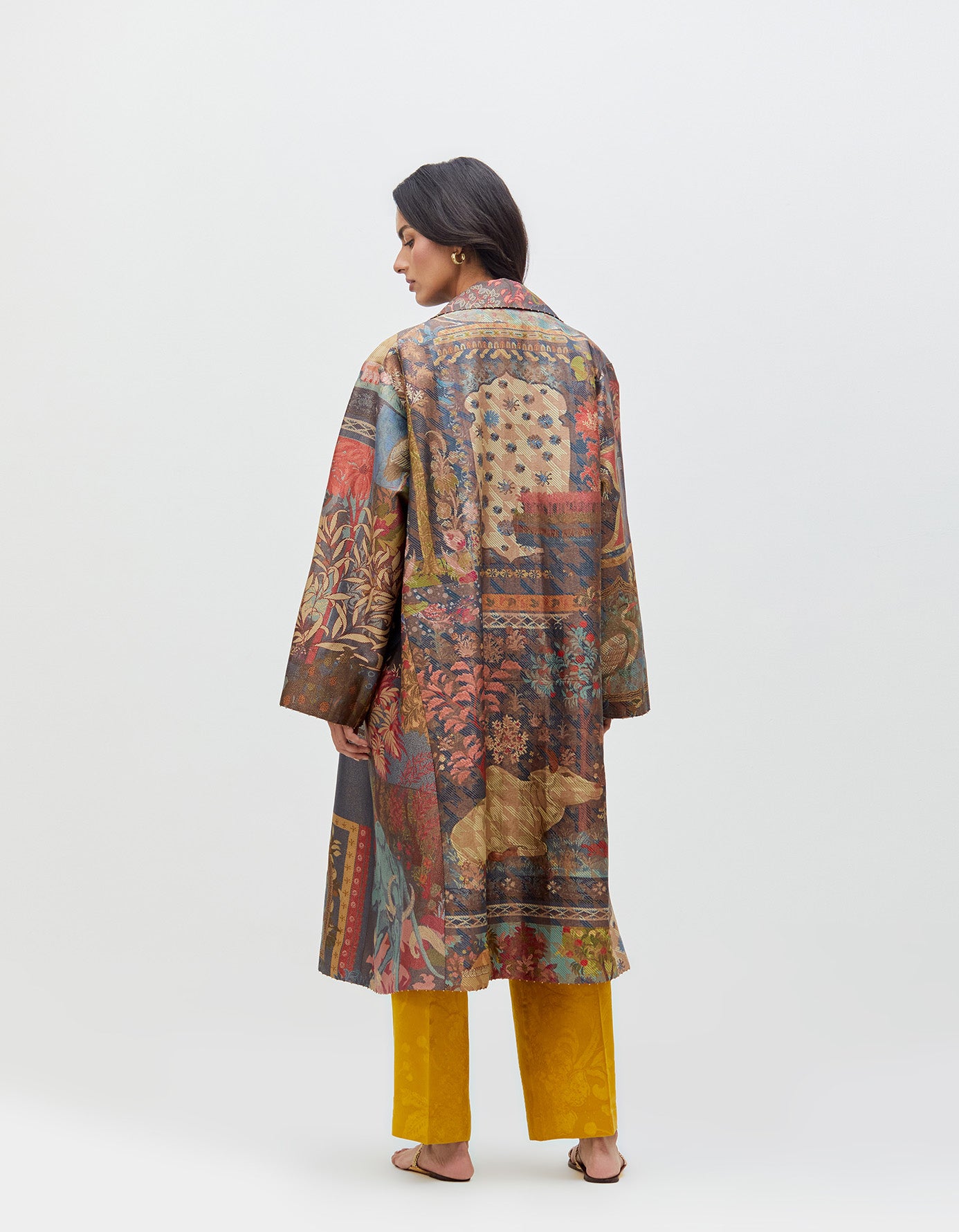 Panchatantra Long Coat Teal Silk Brocade
