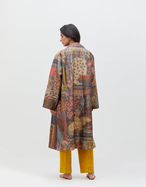 Panchatantra Long Coat Teal Silk Brocade