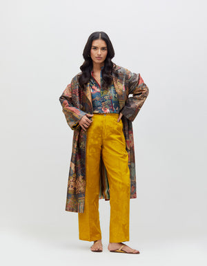 Panchatantra Long Coat Teal Silk Brocade