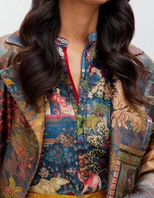 Panchatantra Long Coat Teal Silk Brocade