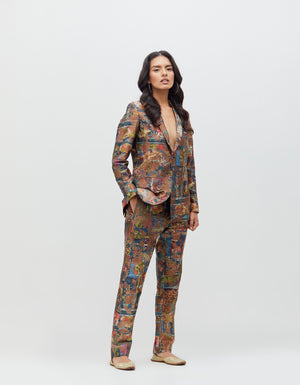 Panchatantra Boot Cut Trousers Teal Silk Brocade