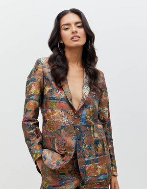 Panchatantra Rana Blazer Teal Silk Brocade
