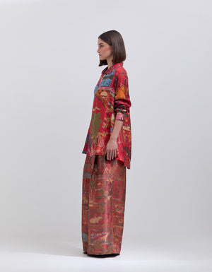Oversized Shirt Silk Check Crimson