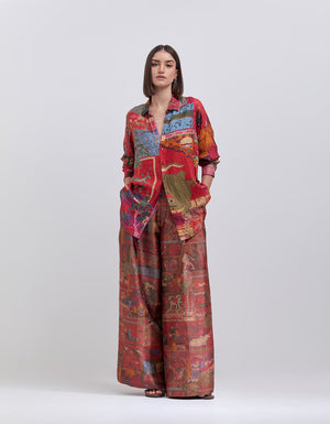 Oversized Shirt Silk Check Crimson