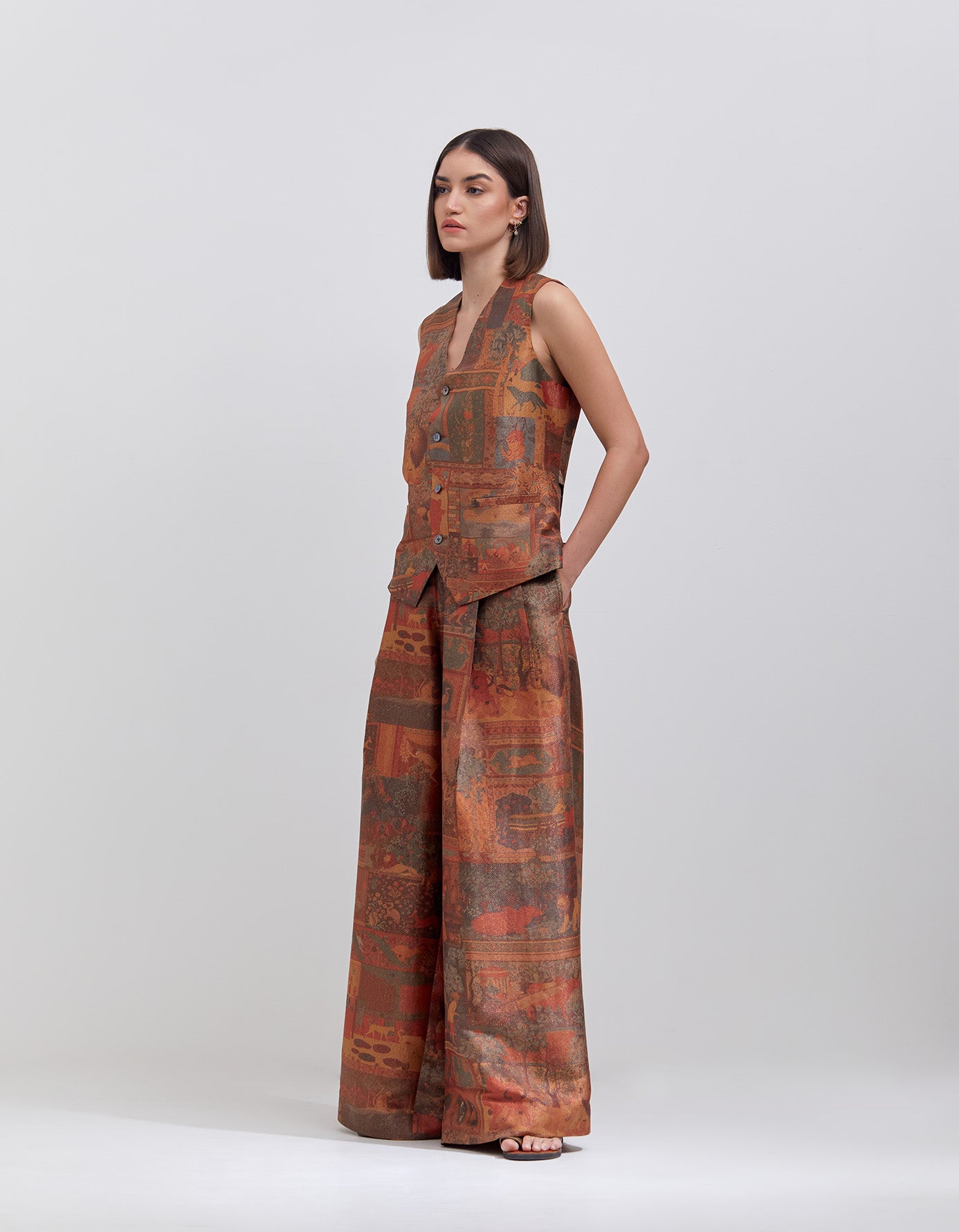 Vest Terracotta Silk Brocade Zig Zag