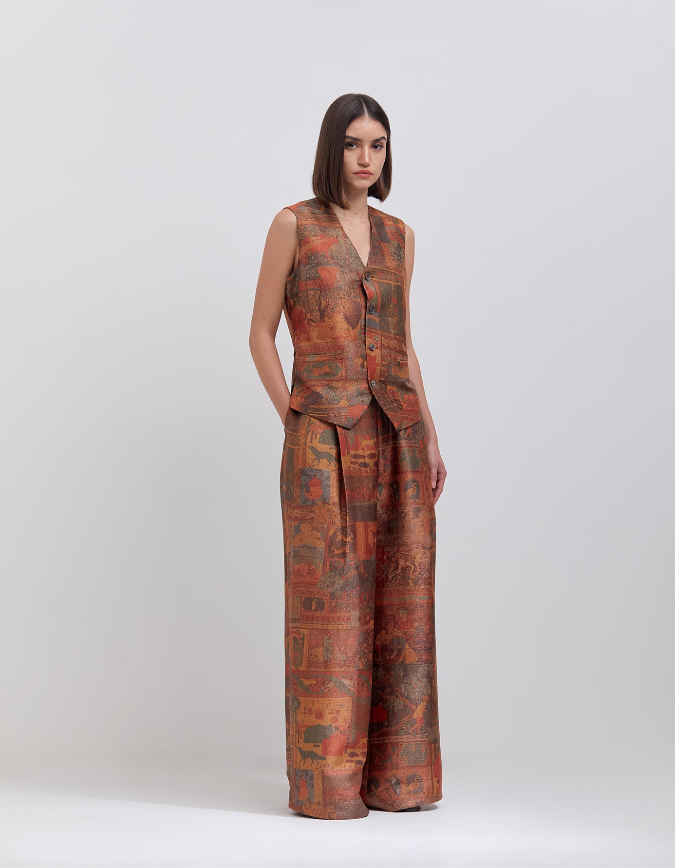 Vest Terracotta Silk Brocade Zig Zag