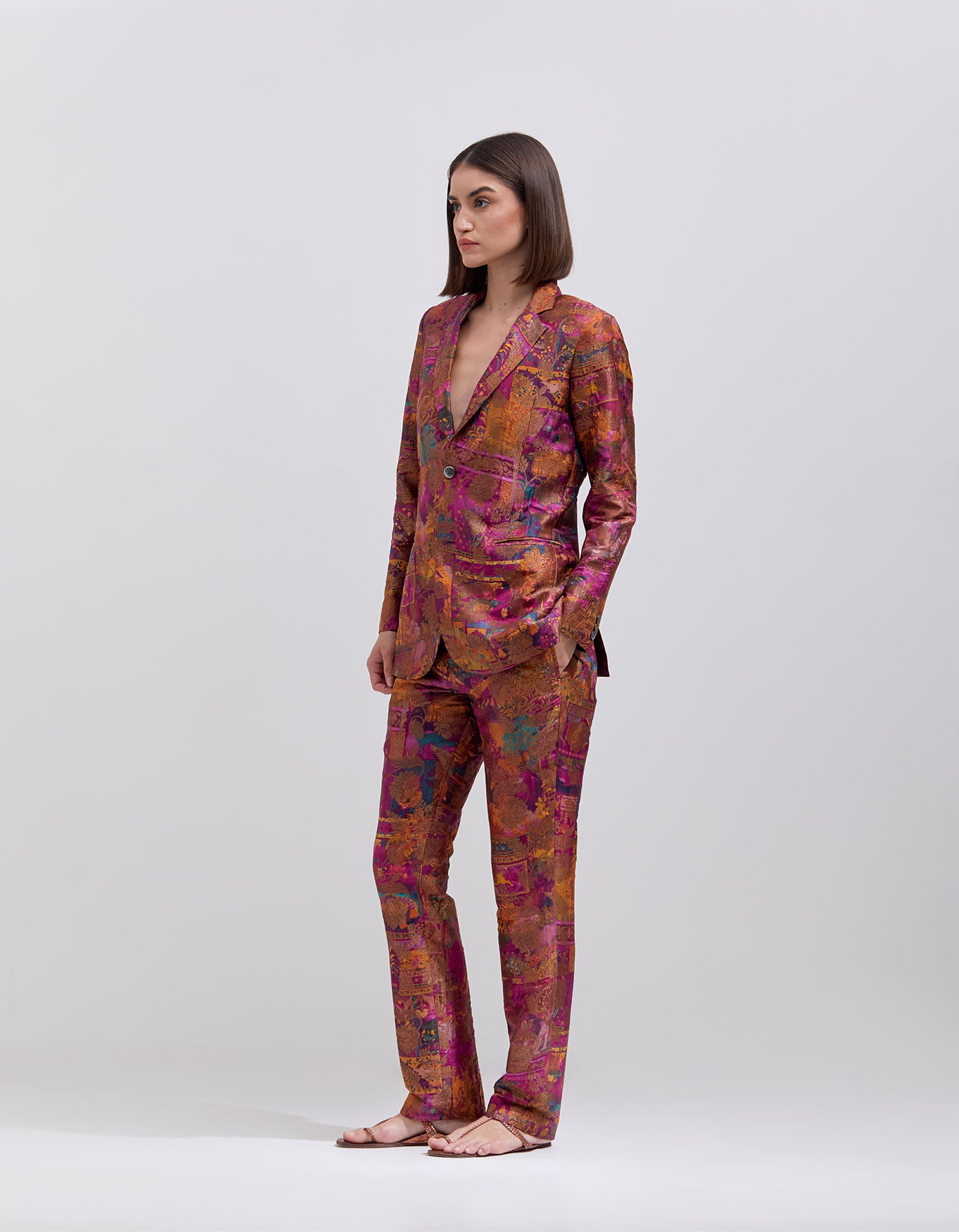 Boot Cut Trousers Silk Brocade Purple