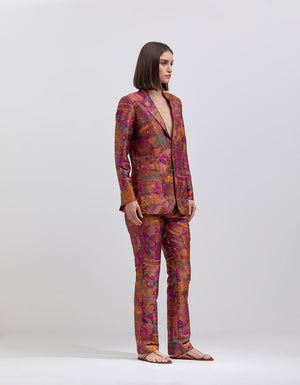 Boot Cut Trousers Silk Brocade Purple