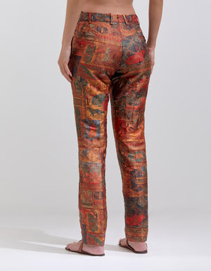 Boot Cut Trousers Silk Brocade Terracotta