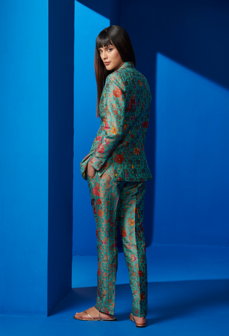 Boot Cut  Trousers Silk Brocade Aqua