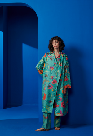 Long Coat Silk Damask Aqua