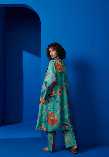 Long Coat Silk Damask Aqua