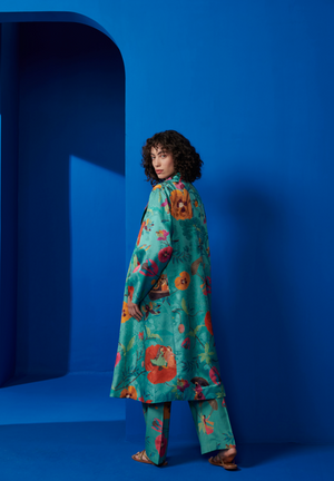 Long Coat Silk Damask Aqua