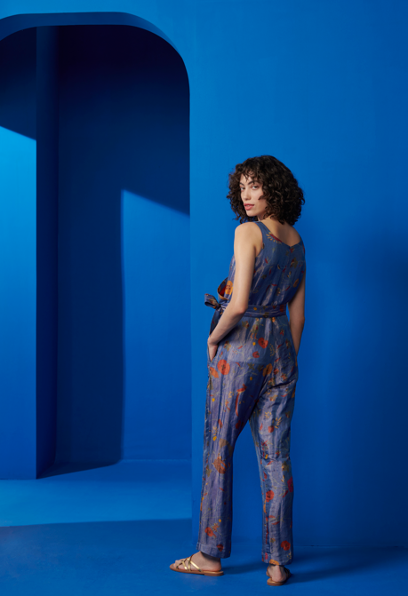 Overlap Jumpsuit Silk Brocade Aqua SUKETDHIR