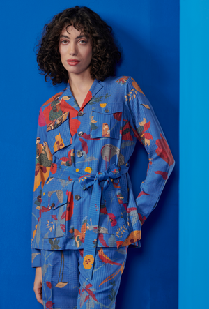 Aflatoon Pyjama Cotton Silk Check Cobalt