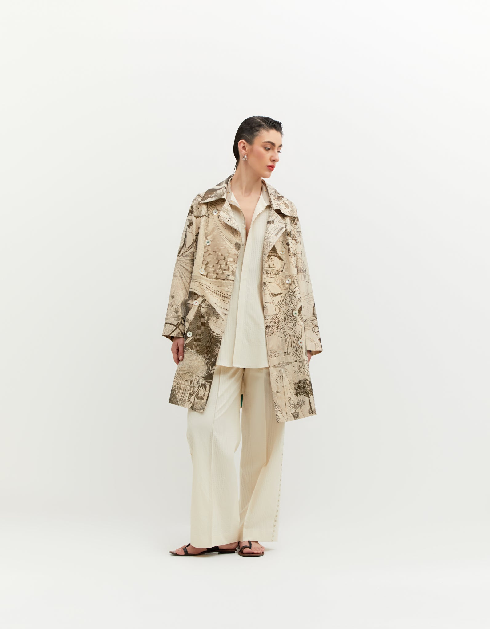 SD Leap Trench Coat Silk Brocade B/W