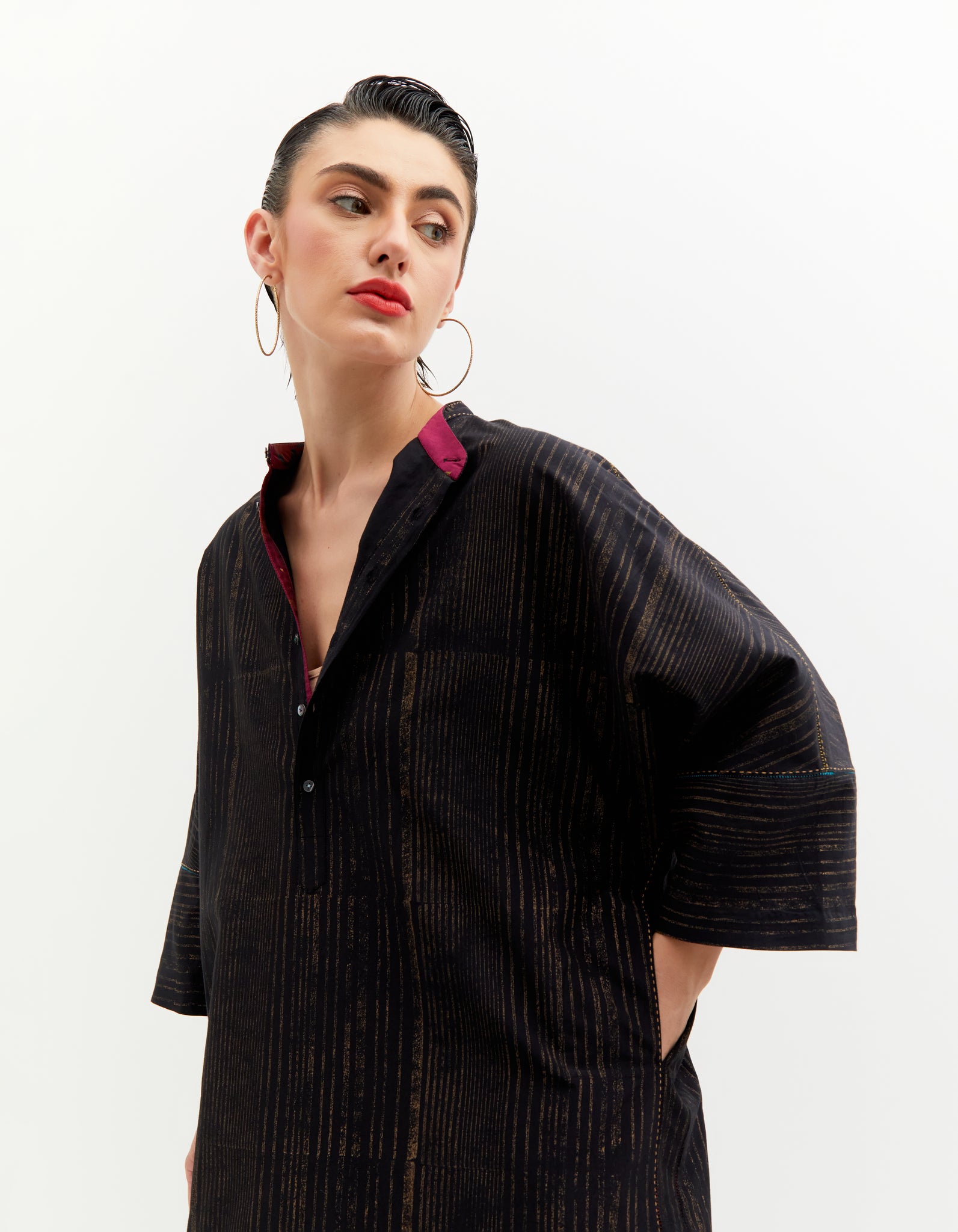 SD Noor Kurta Cotton Silk Black & Gold Block Print